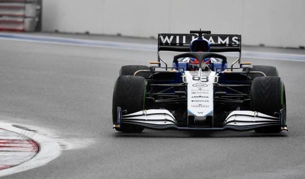 Williams' British driver George Russell steers his car during the qualifying session for the Formula One Russian Grand Prix at the Sochi Autodrom...