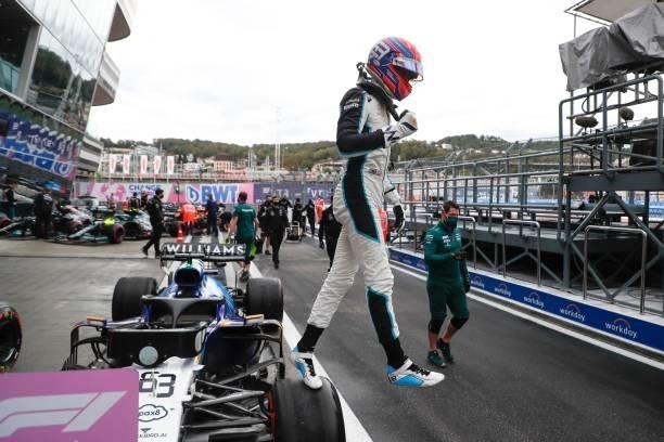 Williams' British driver George Russell reacts after the qualifying session for the Formula One Russian Grand Prix at the Sochi Autodrom circuit in...