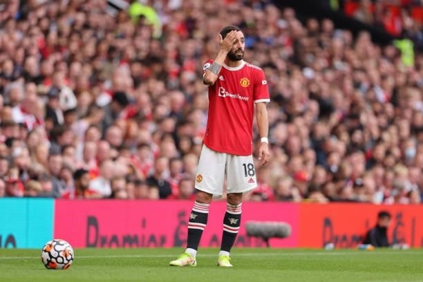 Bruno Fernandes of Manchester United during the Premier League match between Manchester United and Aston Villa at Old Trafford on September 25, 2021...