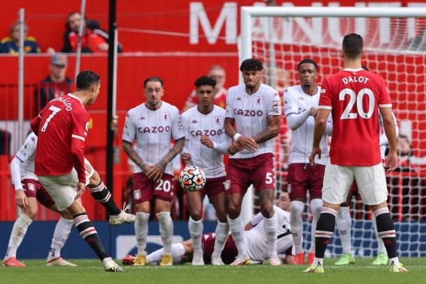 Cristiano Ronaldo of Manchester United takes a free kick during the Premier League match between Manchester United and Aston Villa at Old Trafford on...