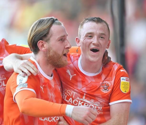 Blackpool's Shayne Lavery celebrates scoring his teams opening goal during the Sky Bet Championship match between Blackpool and Barnsley at...