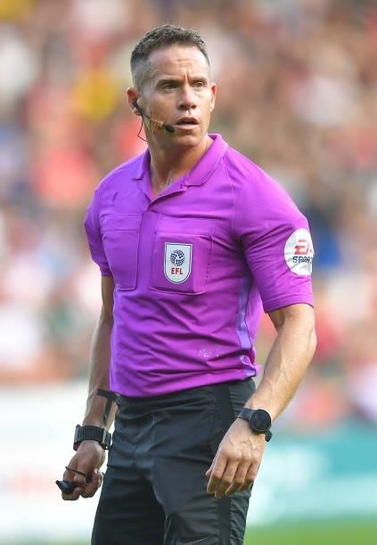 Referee Stephen Martin during the Sky Bet Championship match between Blackpool and Barnsley at Bloomfield Road on September 25, 2021 in Blackpool,...