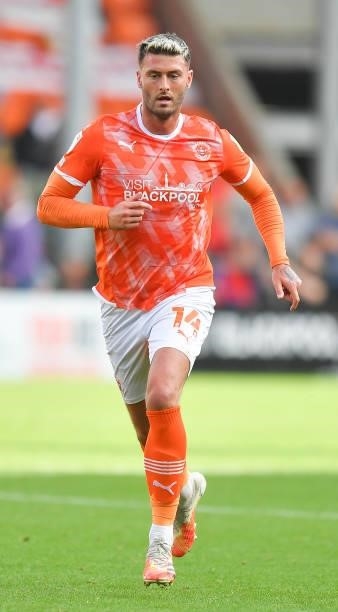Blackpool's Gary Madine during the Sky Bet Championship match between Blackpool and Barnsley at Bloomfield Road on September 25, 2021 in Blackpool,...