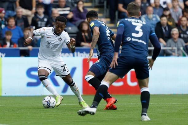 Ethan Laird of Swansea City in action during the Sky Bet Championship match between Swansea City and Huddersfield Town at the Swansea.com Stadium on...