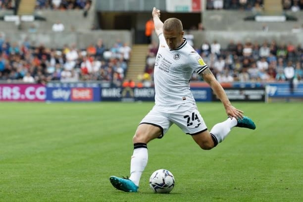 Jake Bidwell of Swansea City in action during the Sky Bet Championship match between Swansea City and Huddersfield Town at the Swansea.com Stadium on...