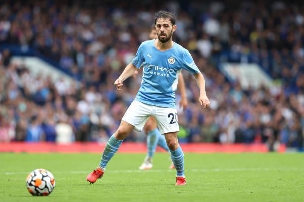 Bernardo Silva of Man City during the Premier League match between Chelsea and Manchester City at Stamford Bridge on September 25, 2021 in London,...