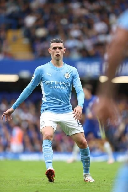 Phil Foden of Man City during the Premier League match between Chelsea and Manchester City at Stamford Bridge on September 25, 2021 in London,...
