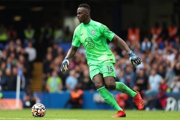 Chelsea goalkeeper Edouard Mendy during the Premier League match between Chelsea and Manchester City at Stamford Bridge on September 25, 2021 in...