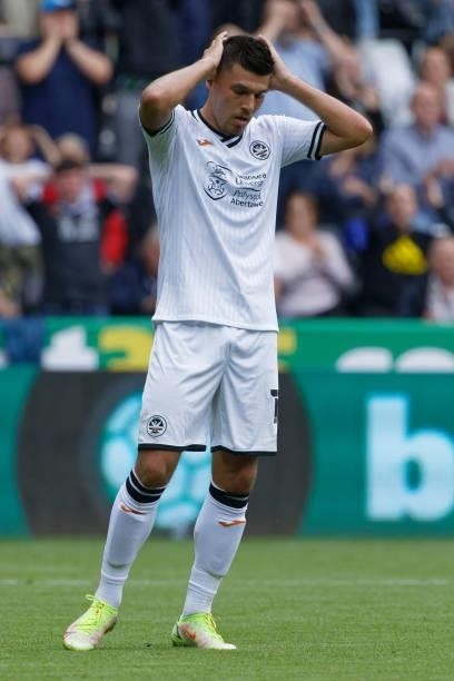 Joel Piroe of Swansea City shows his disappointment after failing to score during the Sky Bet Championship match between Swansea City and...