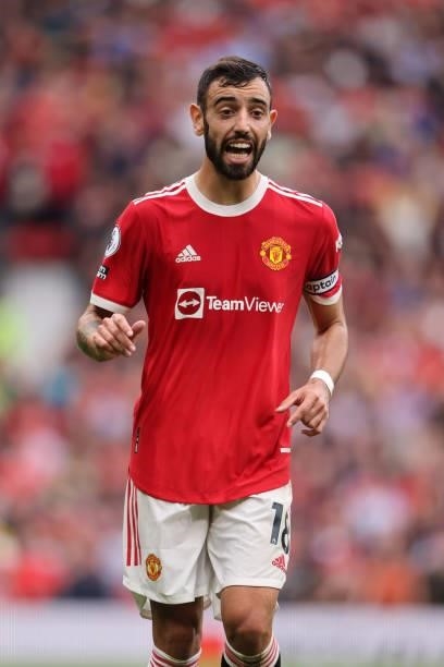 Bruno Fernandes of Manchester United during the Premier League match between Manchester United and Aston Villa at Old Trafford on September 25, 2021...