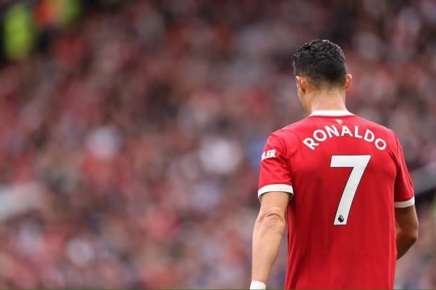 The back of Cristiano Ronaldo of Manchester United wearing the number 7 shirt during the Premier League match between Manchester United and Aston...