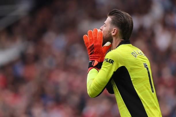 David de Gea of Manchester United the Premier League match between Manchester United and Aston Villa at Old Trafford on September 25, 2021 in...