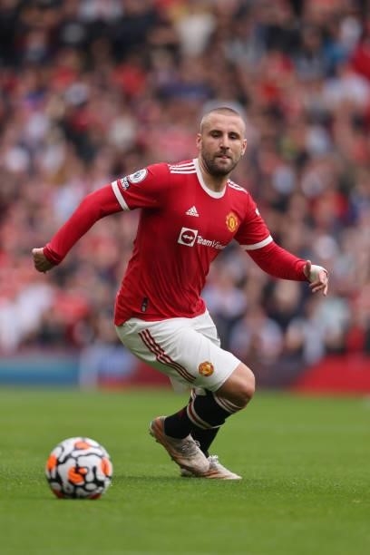 Luke Shaw of Manchester United during the Premier League match between Manchester United and Aston Villa at Old Trafford on September 25, 2021 in...