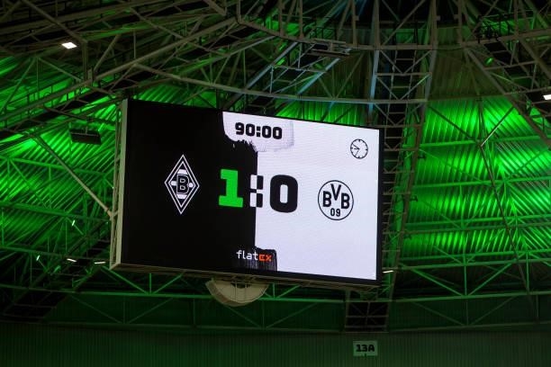 The result is shown on the video screen after the Bundesliga match between Borussia Moenchengladbach and Borussia Dortmund at Borussia-Park on...