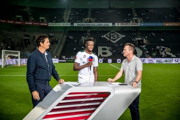 Denis Zakaria of Borussia Moenchengladbach is interviewed after the Bundesliga match between Borussia Moenchengladbach and Borussia Dortmund at...