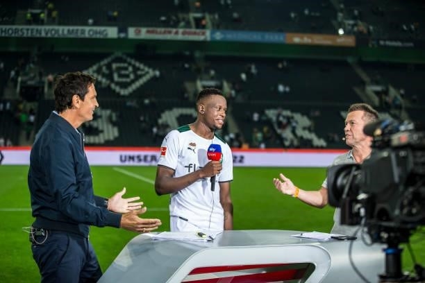 Denis Zakaria of Borussia Moenchengladbach is interviewed after the Bundesliga match between Borussia Moenchengladbach and Borussia Dortmund at...