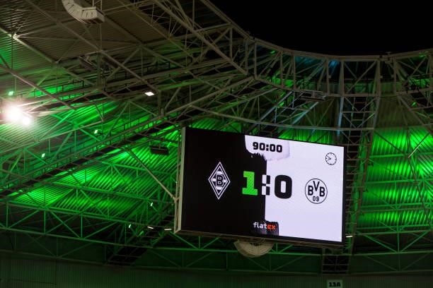 The result is shown on the video screen after the Bundesliga match between Borussia Moenchengladbach and Borussia Dortmund at Borussia-Park on...