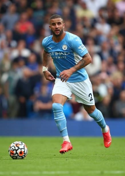 Kyle Walker of Manchester City during the Premier League match between Chelsea and Manchester City at Stamford Bridge on September 25, 2021 in...
