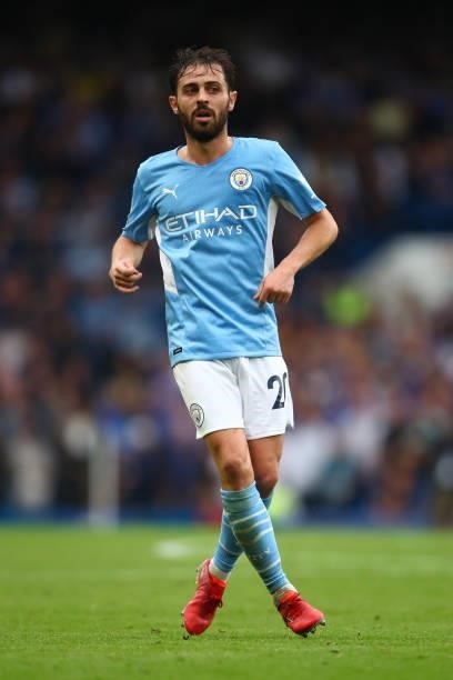 Bernardo Silva of Manchester City during the Premier League match between Chelsea and Manchester City at Stamford Bridge on September 25, 2021 in...