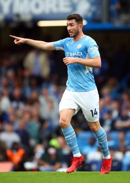 Aymeric Laporte of Manchester City during the Premier League match between Chelsea and Manchester City at Stamford Bridge on September 25, 2021 in...