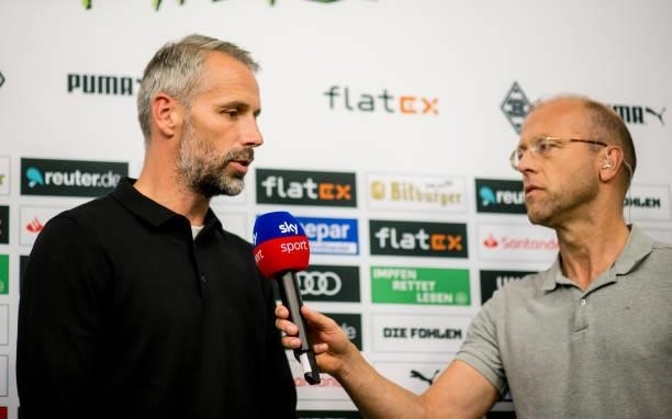 Head coach Marco Rose during an interview after the Bundesliga match between Borussia Mönchengladbach and Borussia Dortmund at Borussia-Park on...