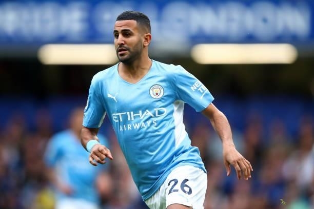 Riyad Mahrez of Manchester City during the Premier League match between Chelsea and Manchester City at Stamford Bridge on September 25, 2021 in...