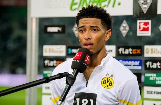 Jude Bellingham during an interview after the Bundesliga match between Borussia Mönchengladbach and Borussia Dortmund at Borussia-Park on September...