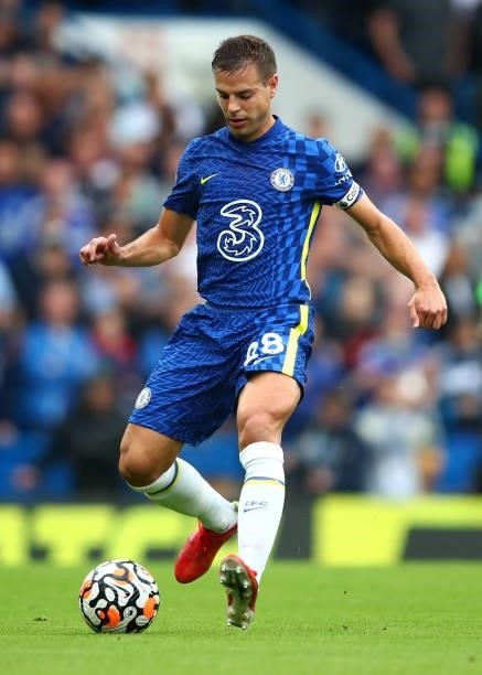 Cesar Azpilicueta of Chelsea during the Premier League match between Chelsea and Manchester City at Stamford Bridge on September 25, 2021 in London,...