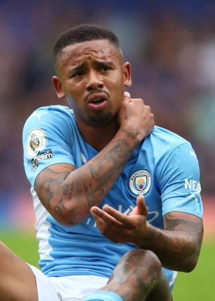 Gabriel Jesus of Manchester City reacts after being fouled during the Premier League match between Chelsea and Manchester City at Stamford Bridge on...