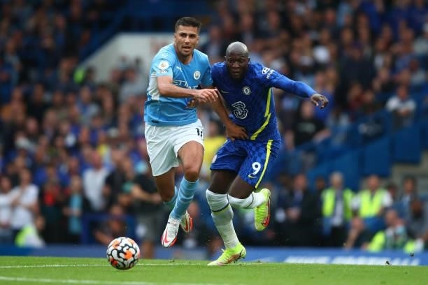 Rodrigo of Manchester City in action with Romelu Lukaku of Chelsea during the Premier League match between Chelsea and Manchester City at Stamford...