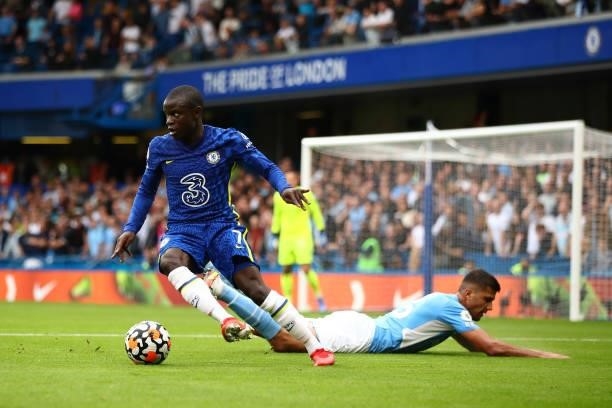 Golo Kante of Chelsea in action with Rodrigo of Manchester City during the Premier League match between Chelsea and Manchester City at Stamford...