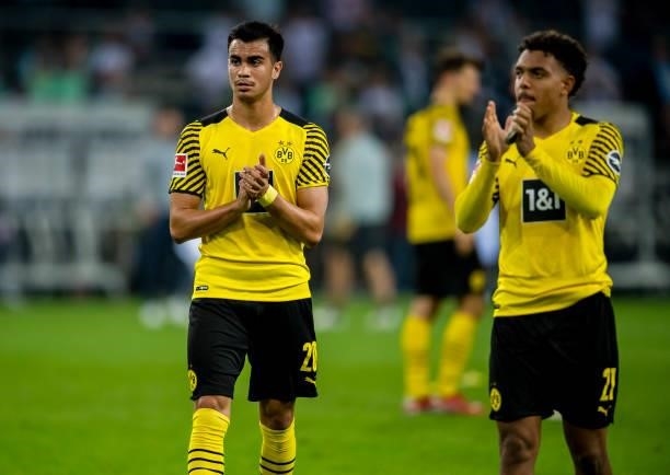 Donyell Malen and Reinier after the Bundesliga match between Borussia Mönchengladbach and Borussia Dortmund at Borussia-Park on September 25, 2021 in...