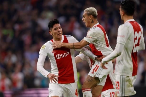 Edson Alvarez of Ajax, celebrates 1-0 with Antony of Ajax during the Dutch Eredivisie match between Ajax v FC Groningen at the Johan Cruijff Arena on...