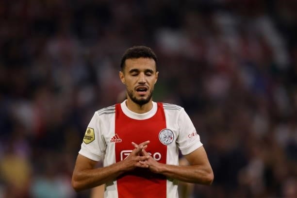 Noussair Mazraoui of Ajax during the Dutch Eredivisie match between Ajax v FC Groningen at the Johan Cruijff Arena on September 25, 2021 in Amsterdam...