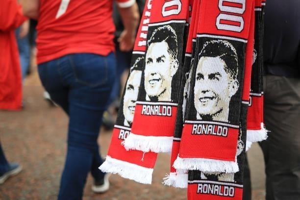 Souvenir scarves bearing the face of Cristiano Ronaldo of Manchester United for sale before the Premier League match between Manchester United and...