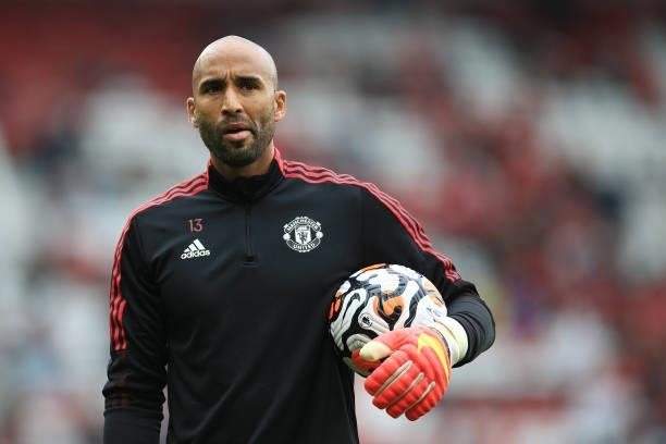 Manchester United goalkeeper Lee Grant looks on before the Premier League match between Manchester United and Aston Villa at Old Trafford on...