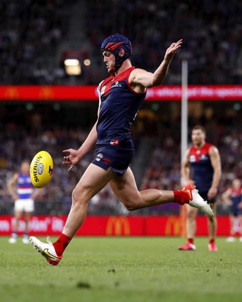 Angus Brayshaw of the Demons kicks a goal during the 2021 Toyota AFL Grand Final match between the Melbourne Demons and the Western Bulldogs at Optus...