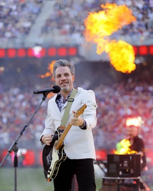 Eskimo Joe performs during the 2021 Toyota AFL Grand Final match between the Melbourne Demons and the Western Bulldogs at Optus Stadium on September...