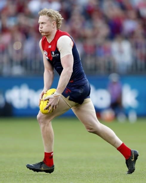 Clayton Oliver of the Demons in action during the 2021 Toyota AFL Grand Final match between the Melbourne Demons and the Western Bulldogs at Optus...
