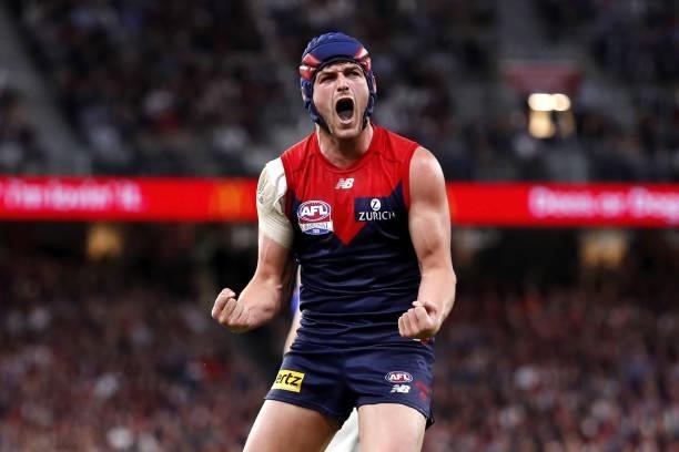 Angus Brayshaw of the Demons celebrates a goal during the 2021 Toyota AFL Grand Final match between the Melbourne Demons and the Western Bulldogs at...
