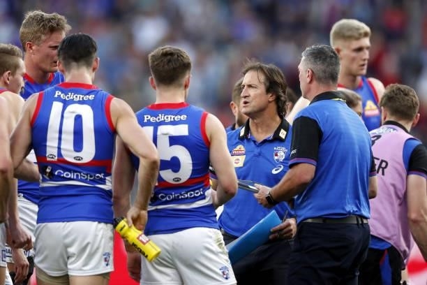 Luke Beveridge, Senior Coach of the Bulldogs addresses his players during the 2021 Toyota AFL Grand Final match between the Melbourne Demons and the...