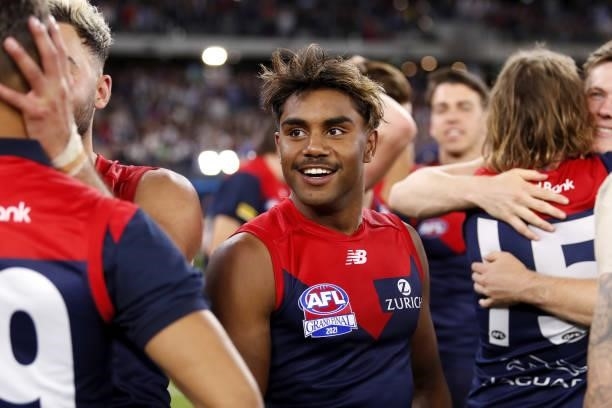 Kysaiah Pickett of the Demons celebrates during the 2021 Toyota AFL Grand Final match between the Melbourne Demons and the Western Bulldogs at Optus...