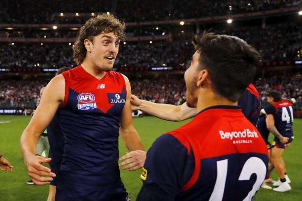 Luke Jackson of the Demons celebrates during the 2021 Toyota AFL Grand Final match between the Melbourne Demons and the Western Bulldogs at Optus...