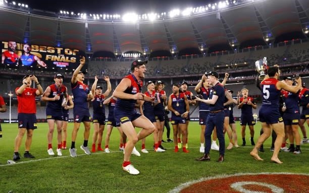 Angus Brayshaw of the Demons celebrates during the 2021 Toyota AFL Grand Final match between the Melbourne Demons and the Western Bulldogs at Optus...