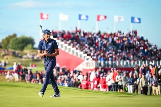 Tony Finau of the U.S. Team reacts after missing a putt on the 15th hole green during Saturday Afternoon Four-ball Matches of the 43rd Ryder Cup at...