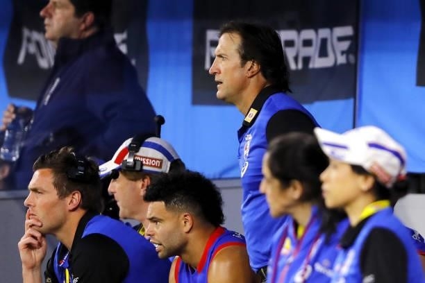 Luke Beveridge, Senior Coach of the Bulldogs looks on from the bench during the 2021 Toyota AFL Grand Final match between the Melbourne Demons and...