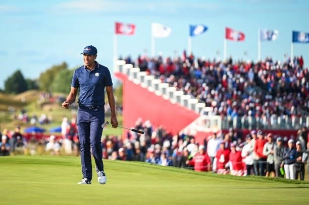 Tony Finau of the U.S. Team reacts after missing a putt on the 15th hole green during Saturday Afternoon Four-ball Matches of the 43rd Ryder Cup at...