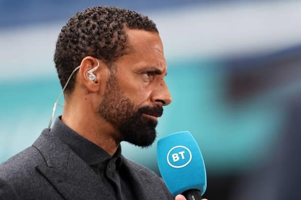 Sport pundit Rio Ferdinand during the Premier League match between Chelsea and Manchester City at Stamford Bridge on September 25, 2021 in London,...