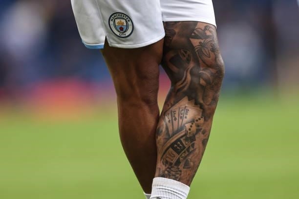 The tattoo ;legs of Gabriel Jesus of Manchester City during the Premier League match between Chelsea and Manchester City at Stamford Bridge on...