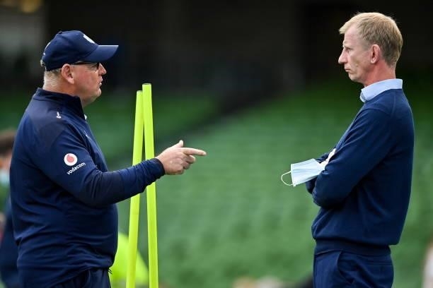 Dublin , Ireland - 25 September 2021; Vodacom Bulls director of rugby Jake White, left, and Leinster head coach Leo Cullen before the United Rugby...